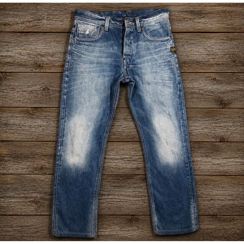 G-Star Raw Attacc Straight Mens Jeans 33x30 Blue Distressed Button Fly 50566